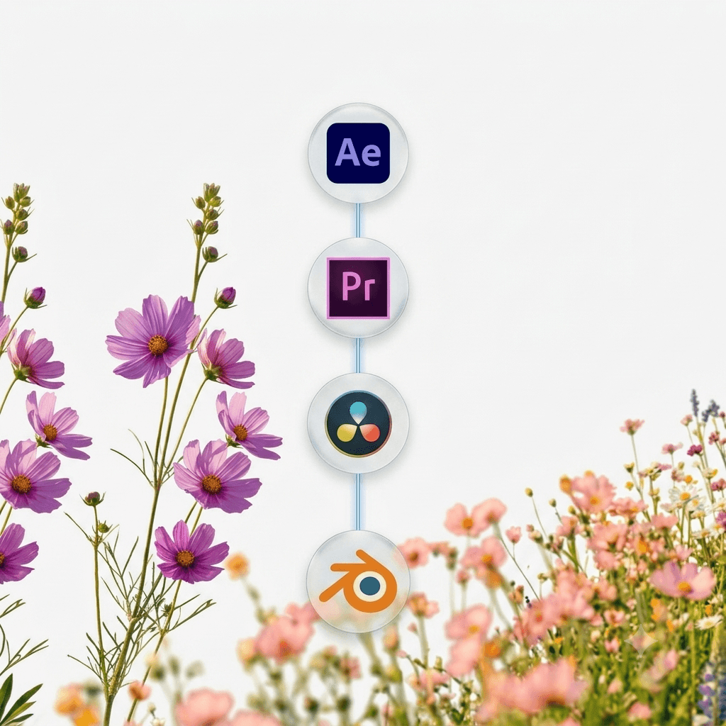 After Effects, Premiere Pro, DaVinci Resolve and Blender icons stacked